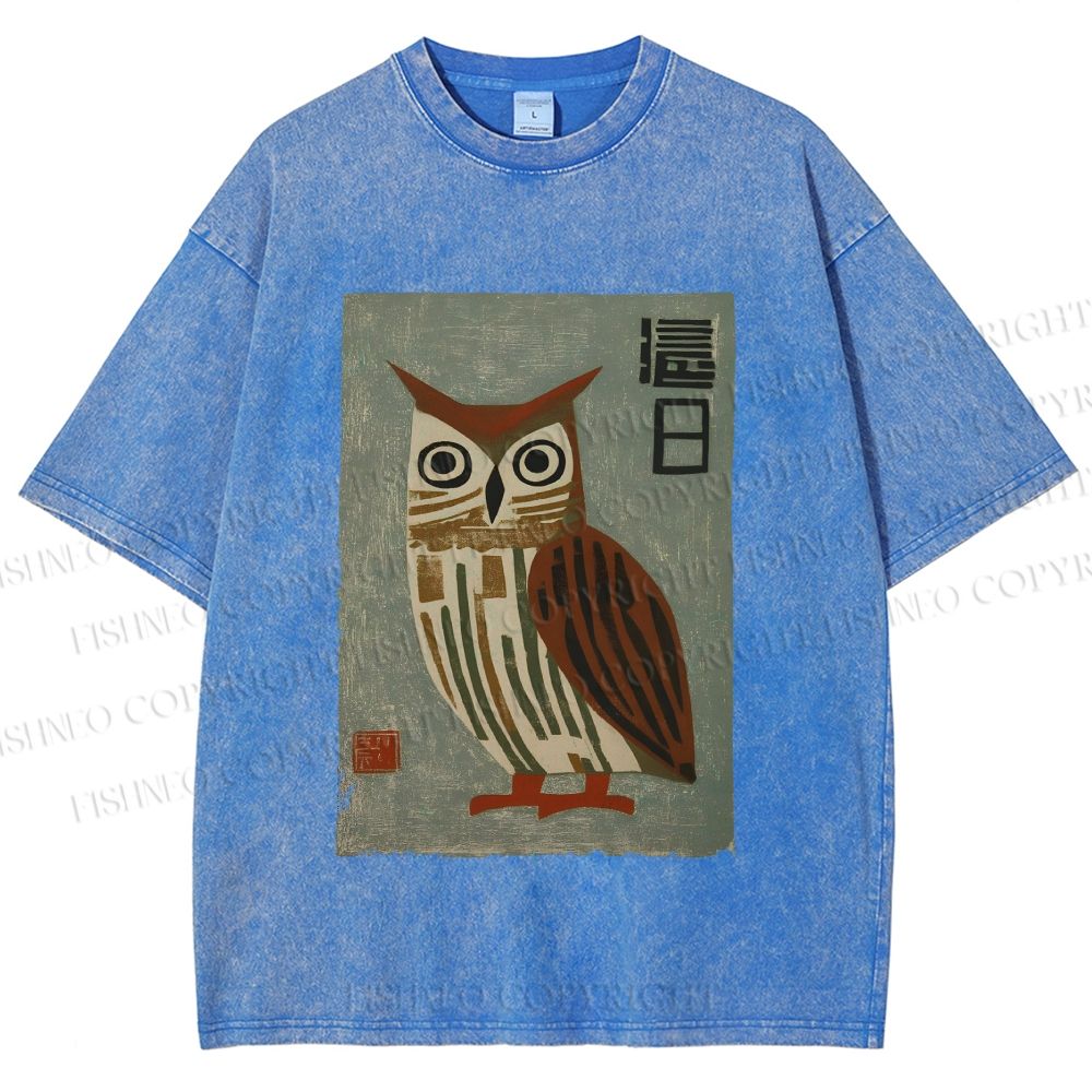 Unisex Vintage Owl Printed Washed Tee