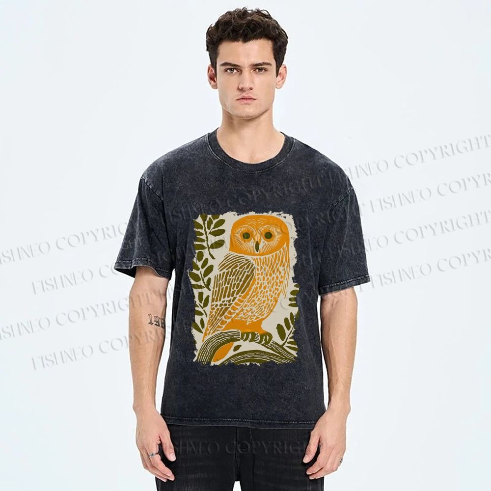 Unisex Vintage Owl on Tree Printed Washed Tee