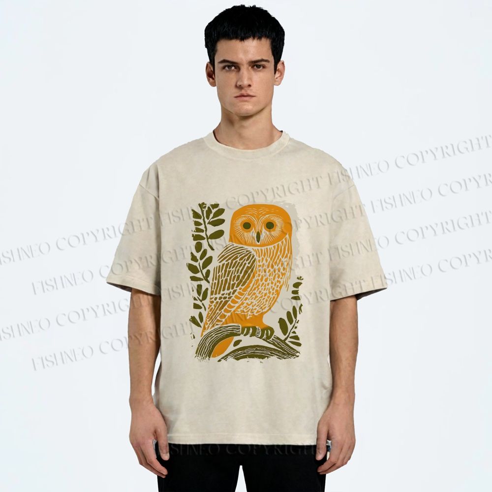 Unisex Vintage Owl on Tree Printed Washed Tee