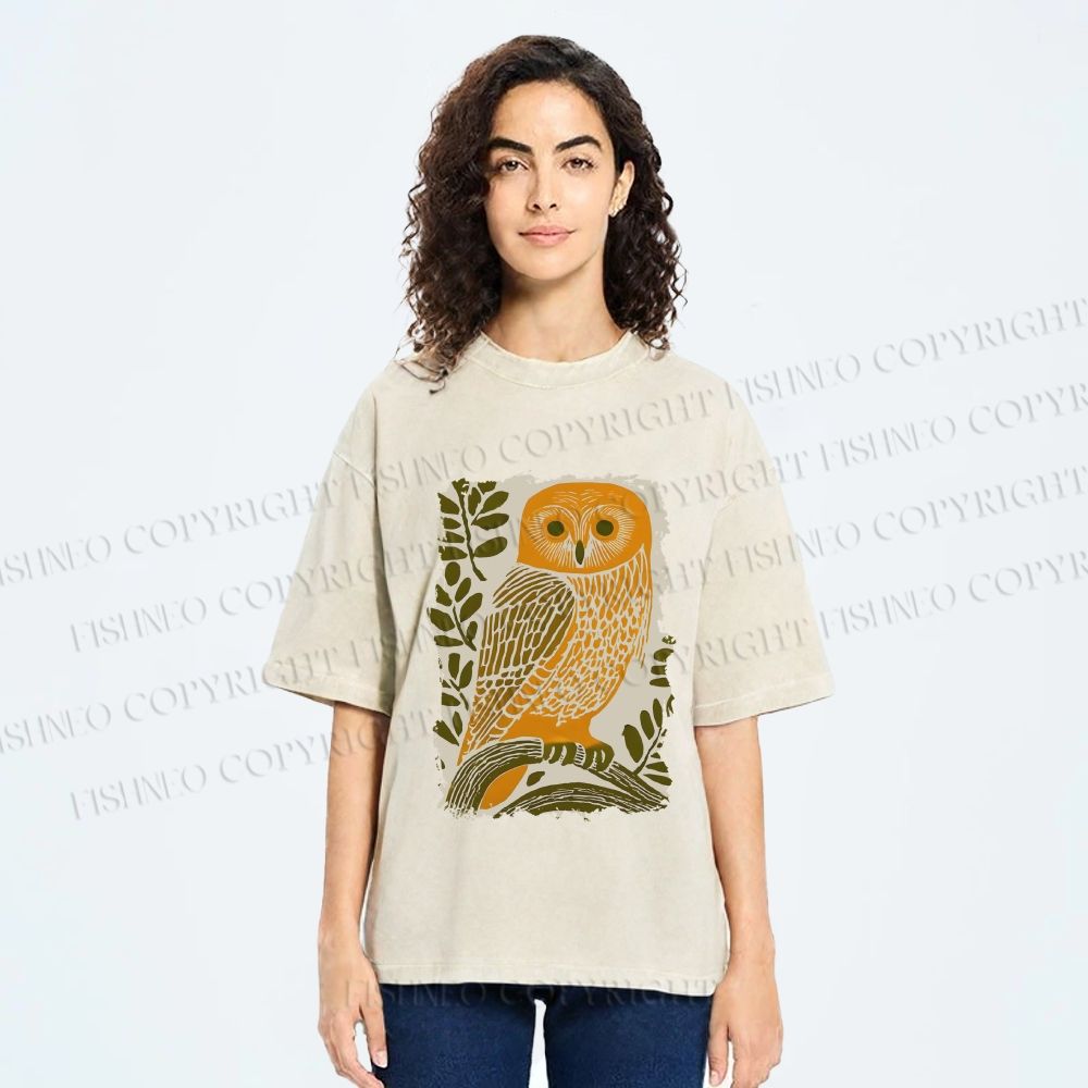 Unisex Vintage Owl on Tree Printed Washed Tee