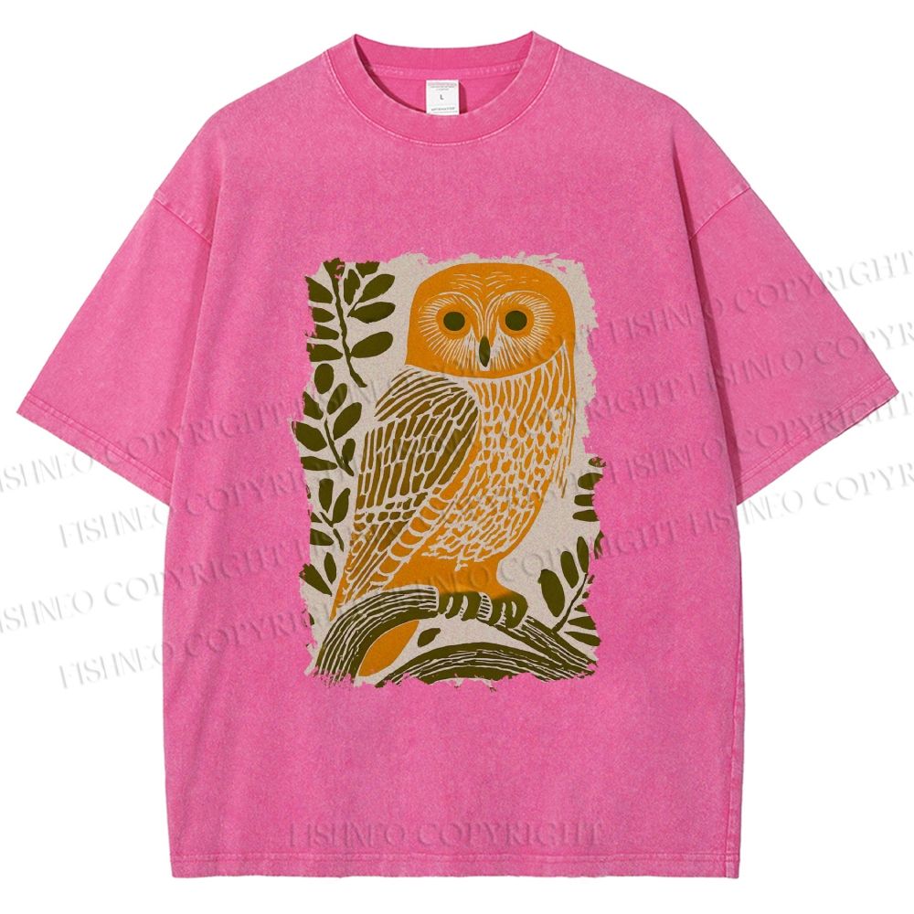 Unisex Vintage Owl on Tree Printed Washed Tee