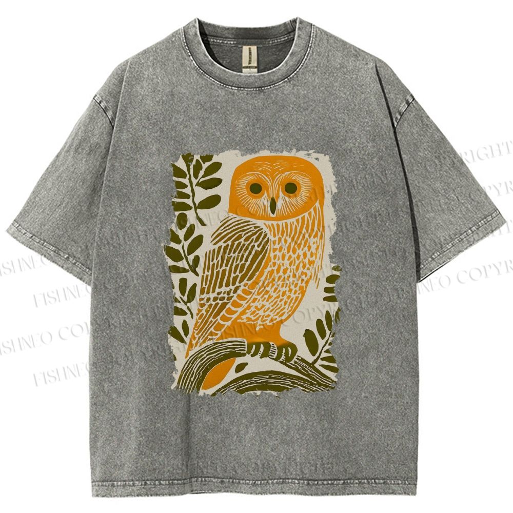 Unisex Vintage Owl on Tree Printed Washed Tee
