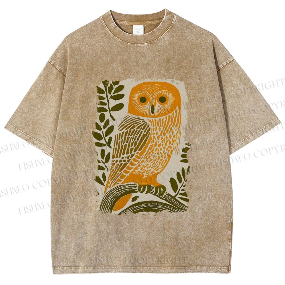 Unisex Vintage Owl on Tree Printed Washed Tee