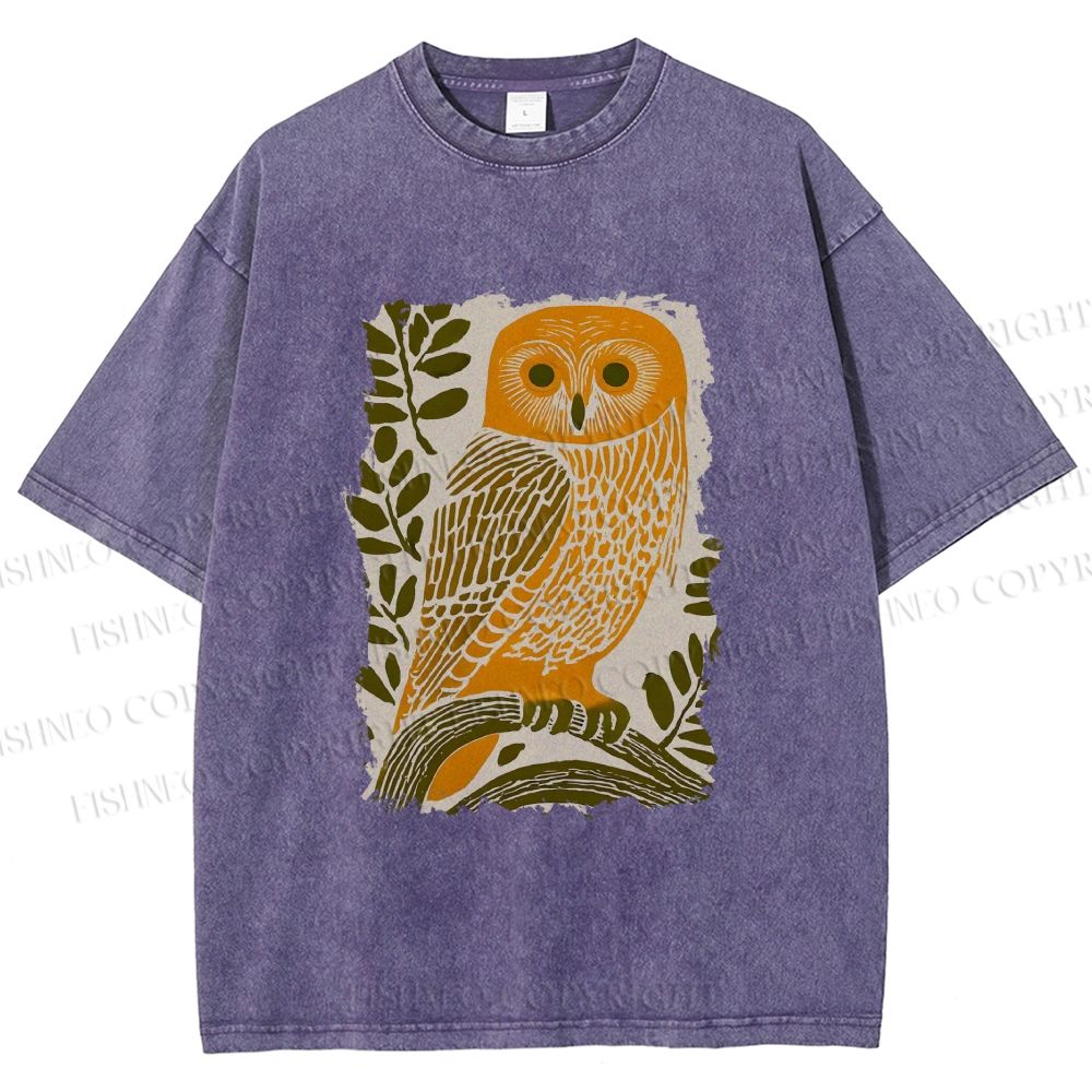 Unisex Vintage Owl on Tree Printed Washed Tee