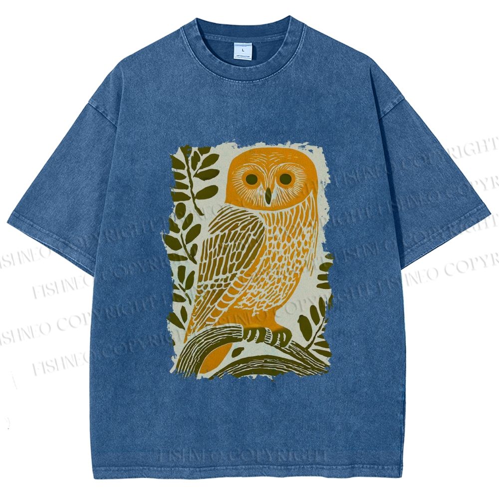 Unisex Vintage Owl on Tree Printed Washed Tee