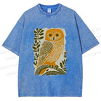 Unisex Vintage Owl on Tree Printed Washed Tee