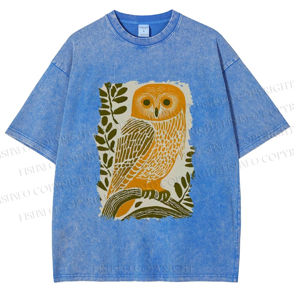 Unisex Vintage Owl on Tree Printed Washed Tee
