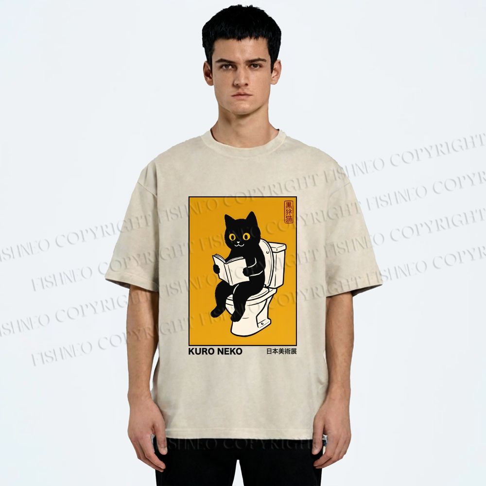 Unisex Kuro Neko Bathroom Edition Printed Washed Tee
