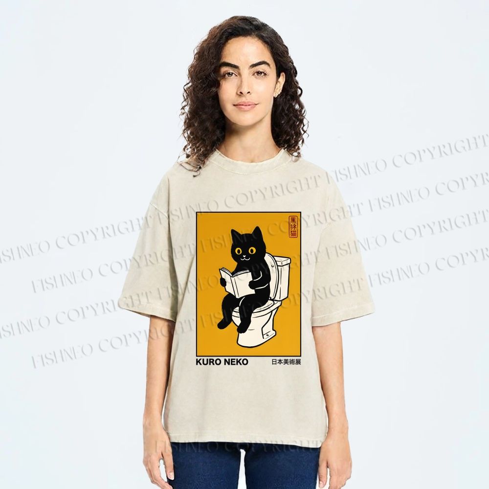 Unisex Kuro Neko Bathroom Edition Printed Washed Tee