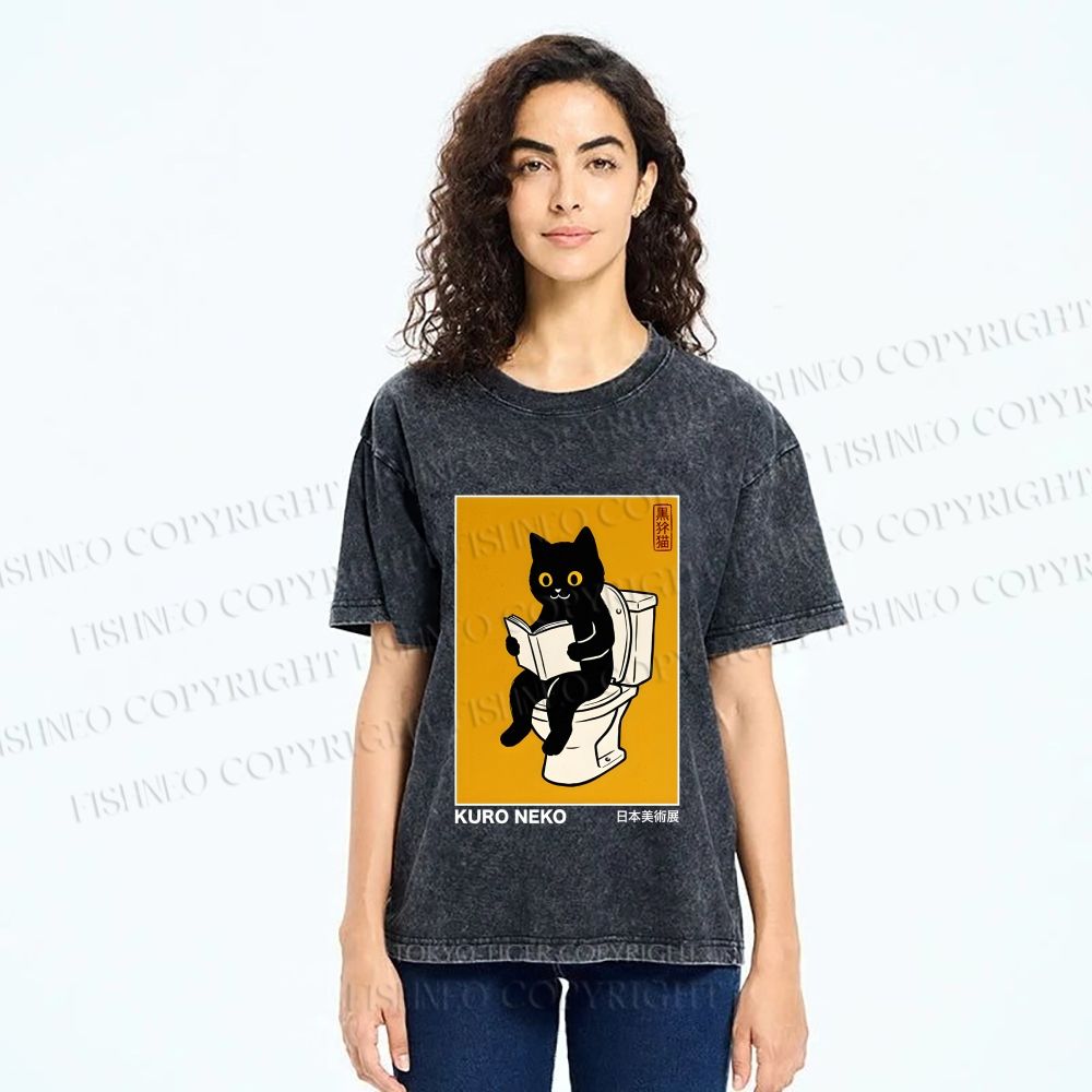 Unisex Kuro Neko Bathroom Edition Printed Washed Tee