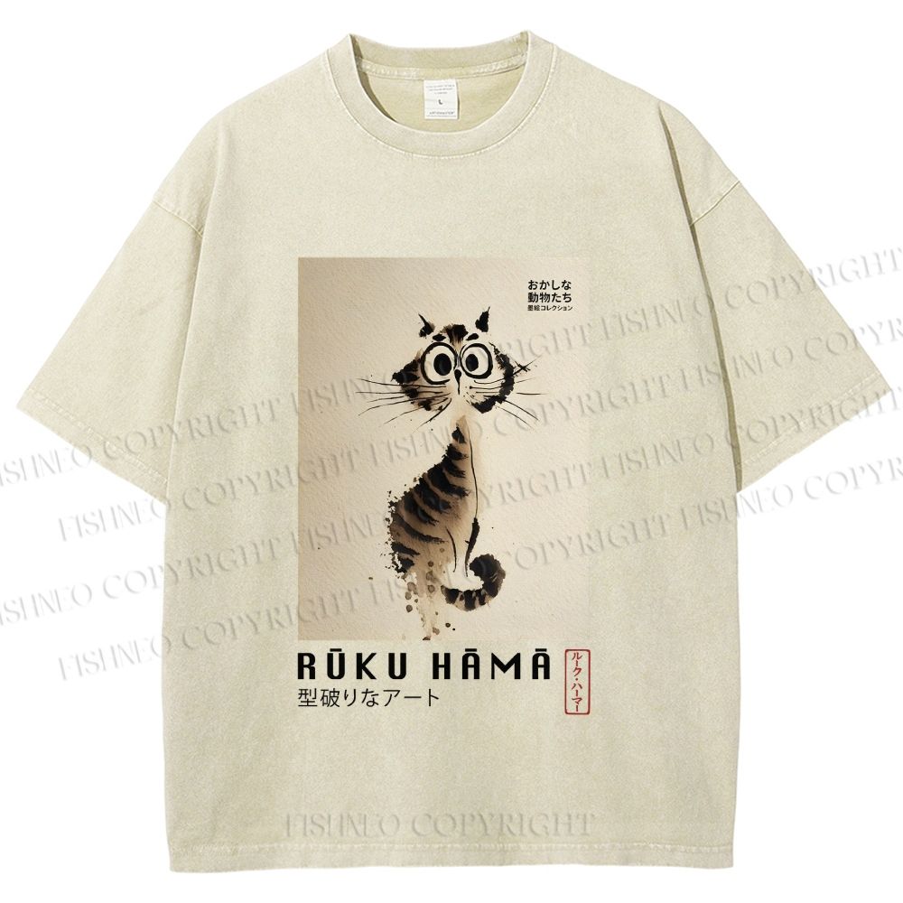 Unisex Sumi-e Cat Printed Washed Tee