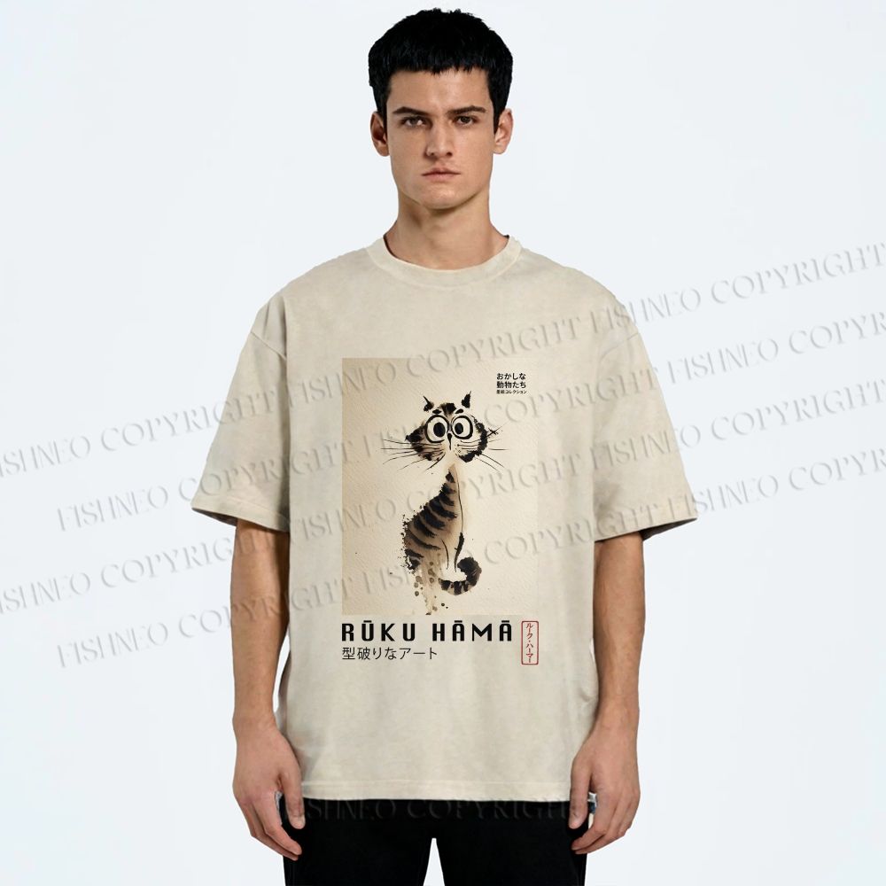 Unisex Sumi-e Cat Printed Washed Tee