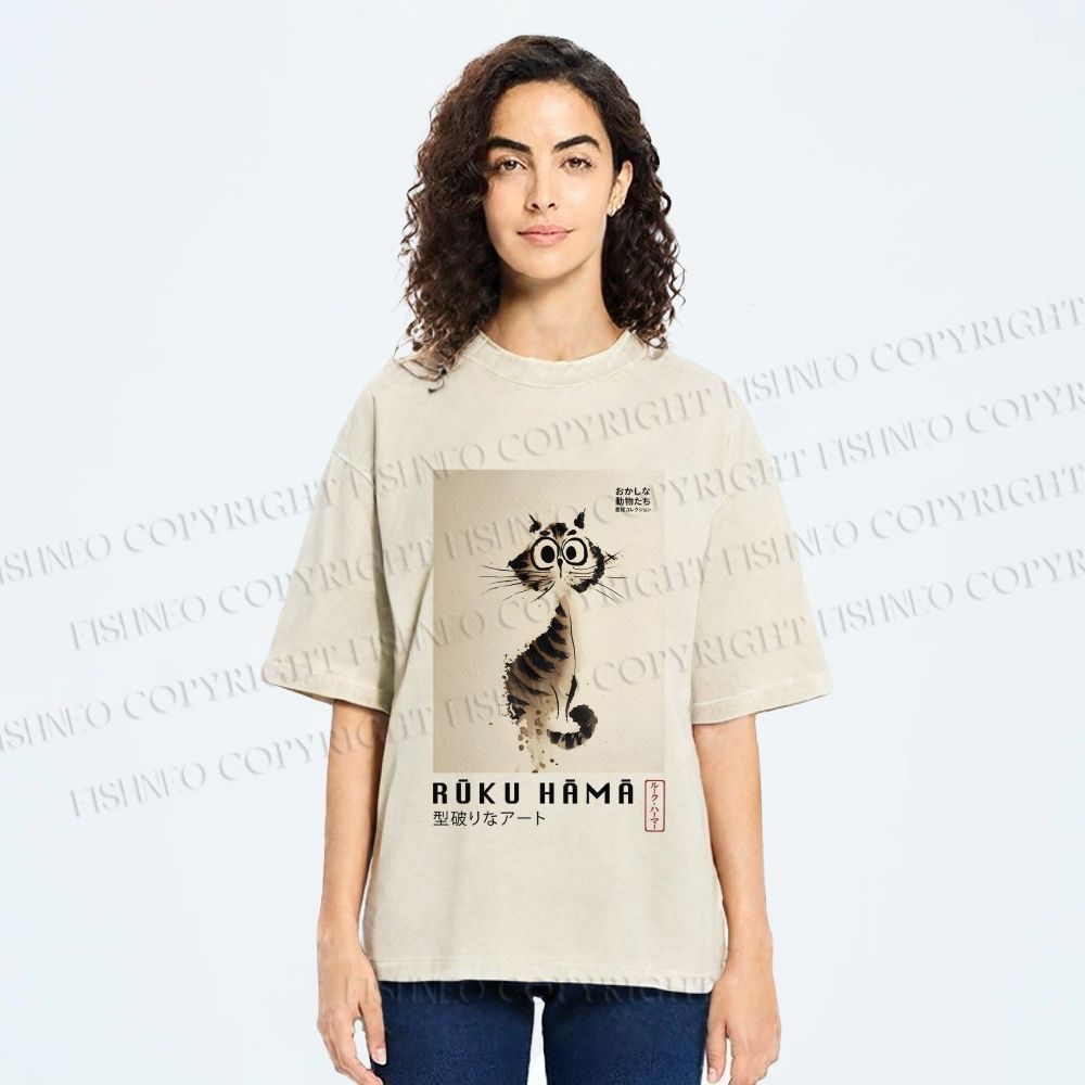 Unisex Sumi-e Cat Printed Washed Tee
