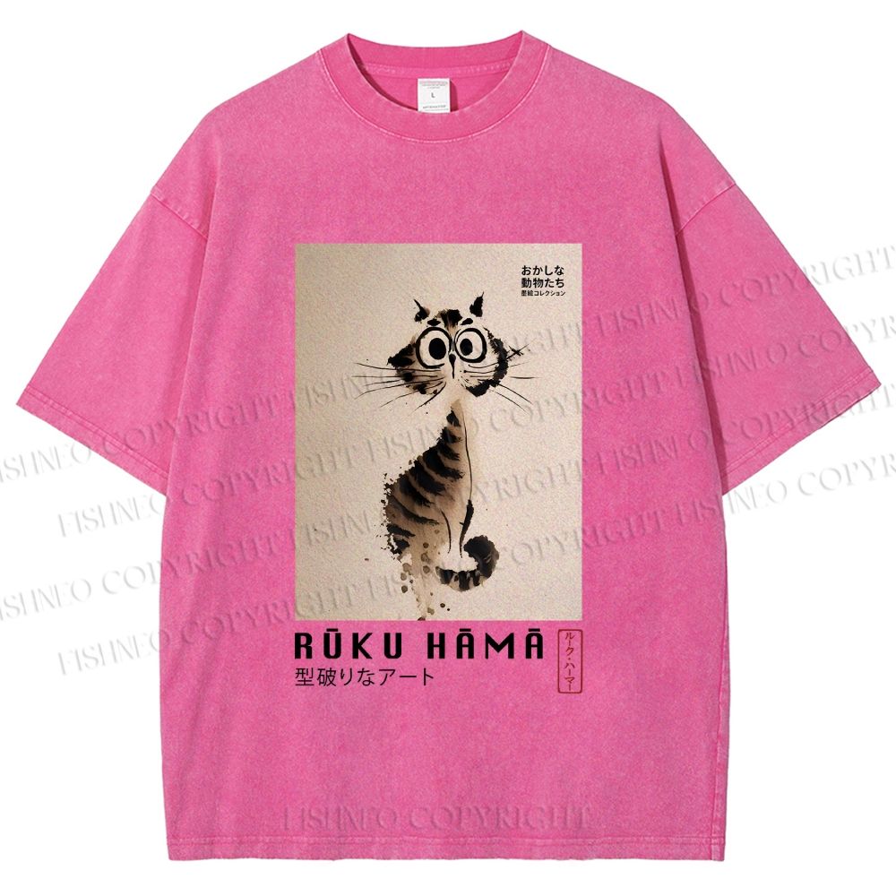 Unisex Sumi-e Cat Printed Washed Tee