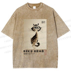Unisex Sumi-e Cat Printed Washed Tee