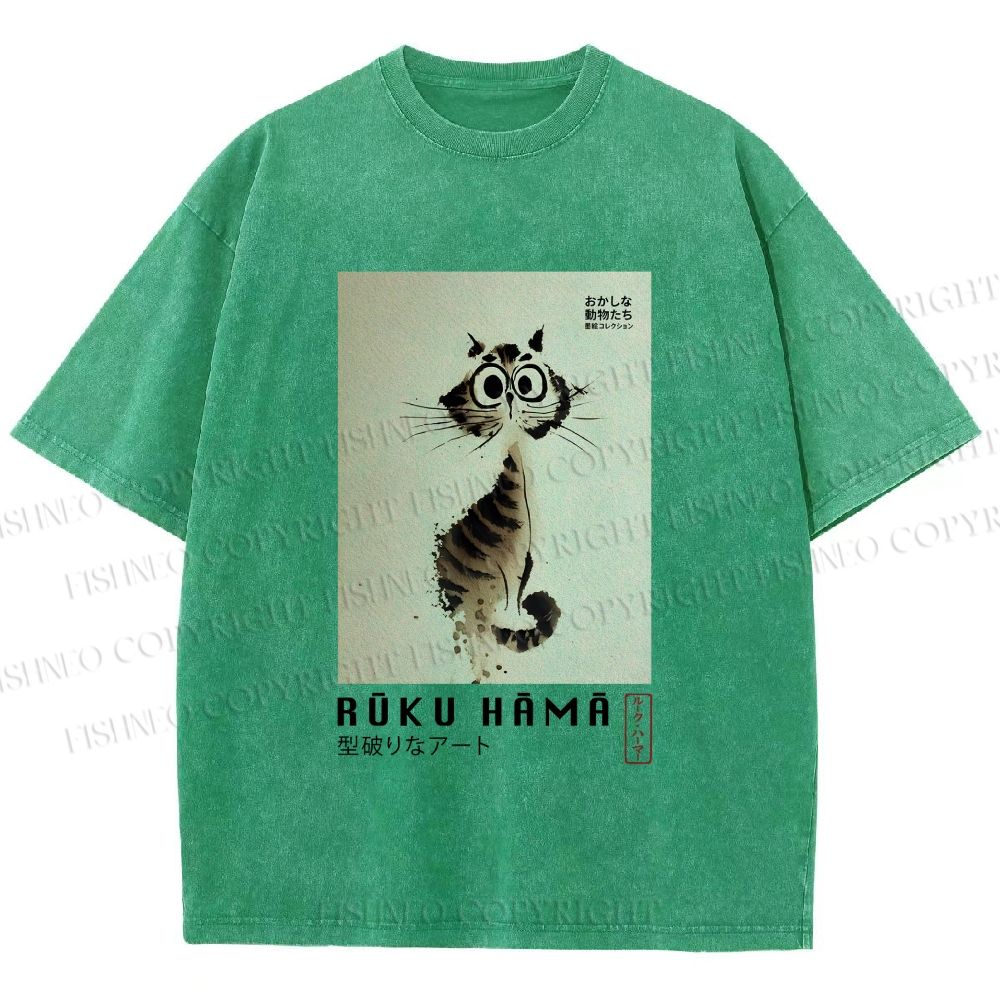 Unisex Sumi-e Cat Printed Washed Tee