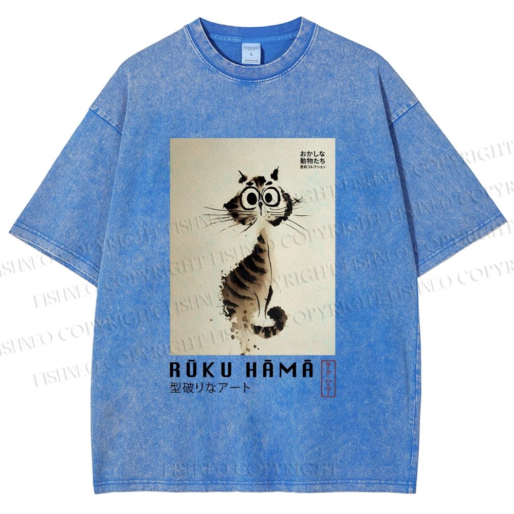 Unisex Sumi-e Cat Printed Washed Tee