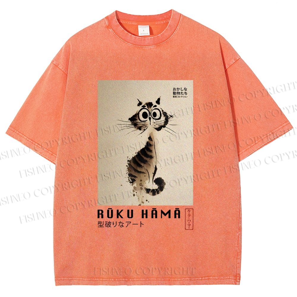 Unisex Sumi-e Cat Printed Washed Tee