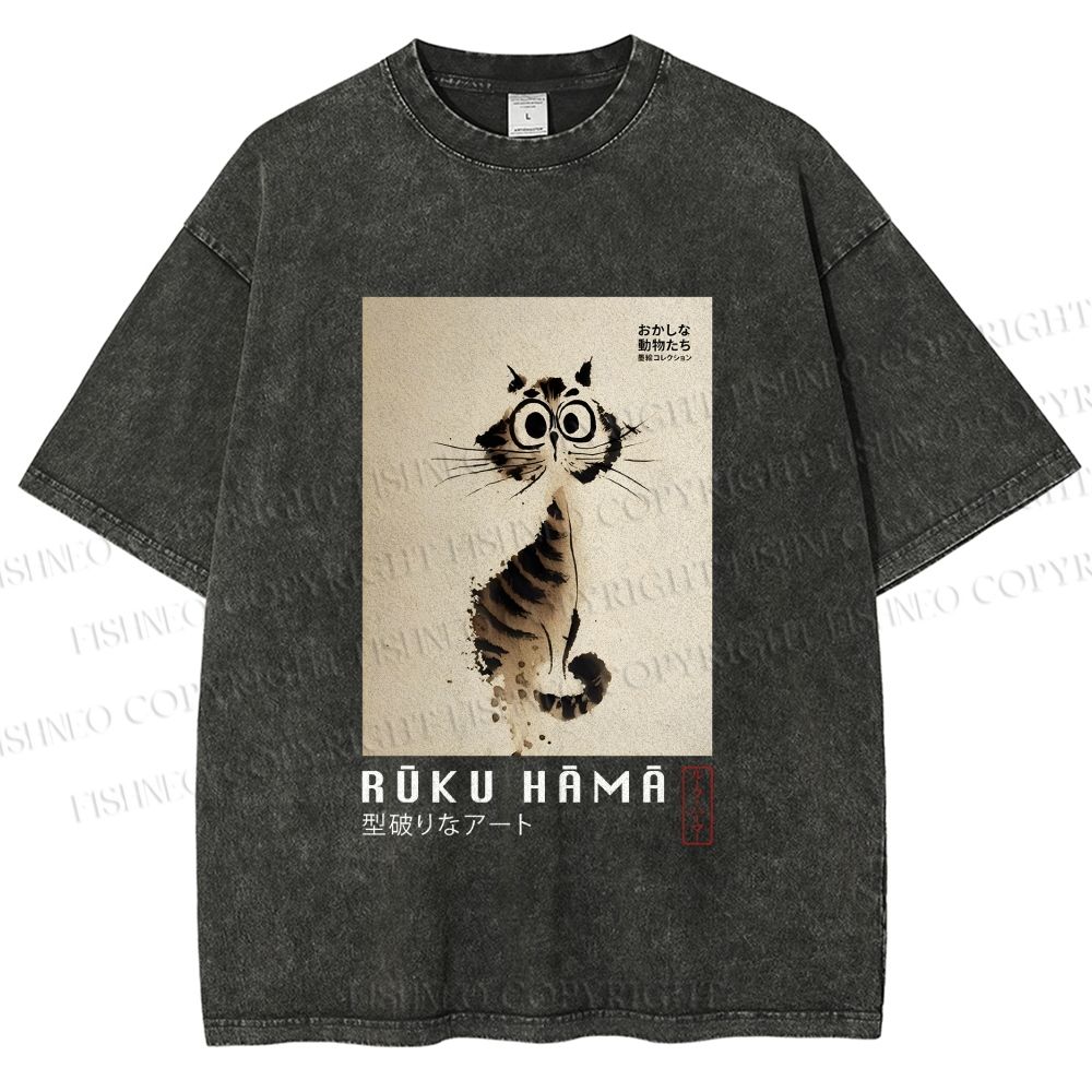 Unisex Sumi-e Cat Printed Washed Tee
