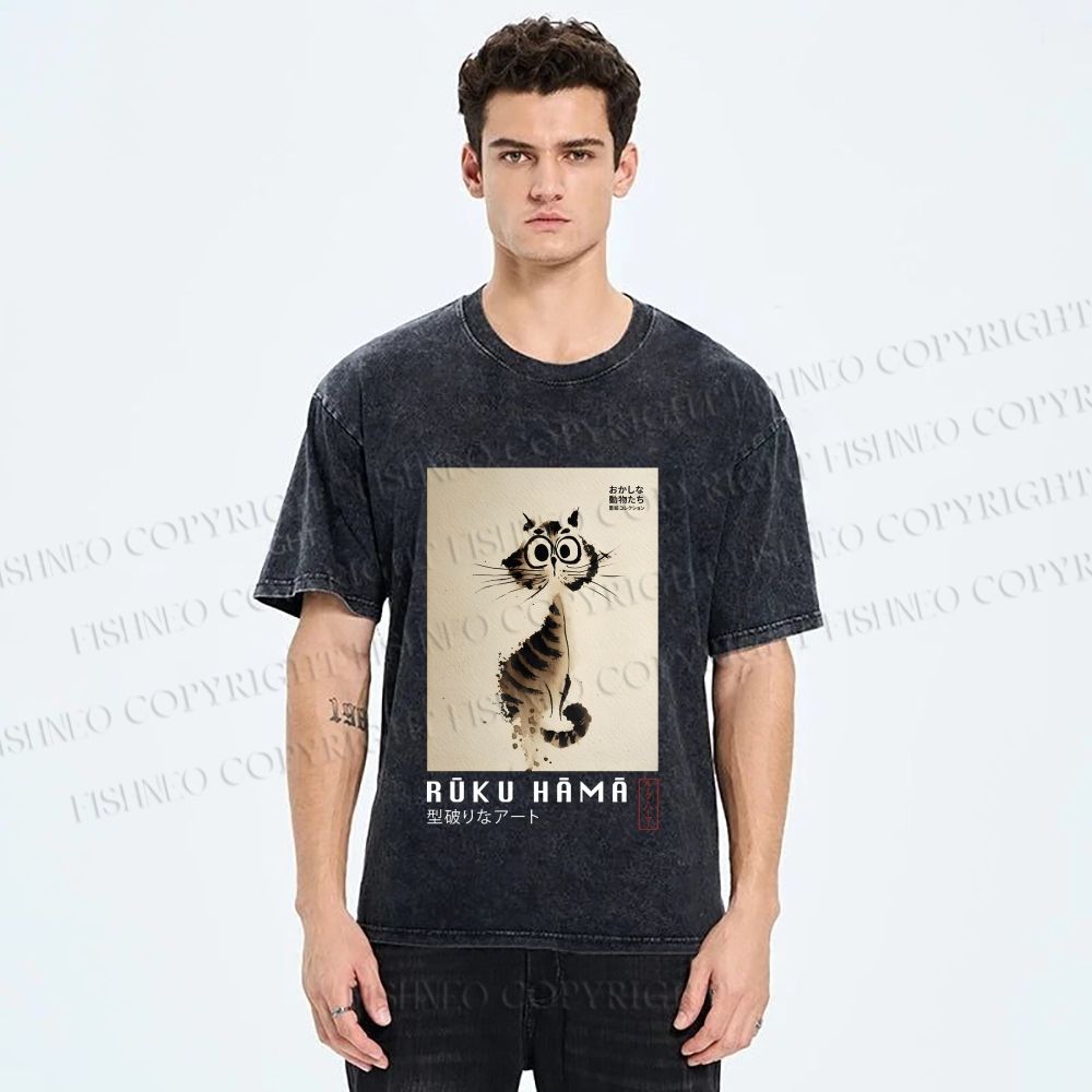 Unisex Sumi-e Cat Printed Washed Tee