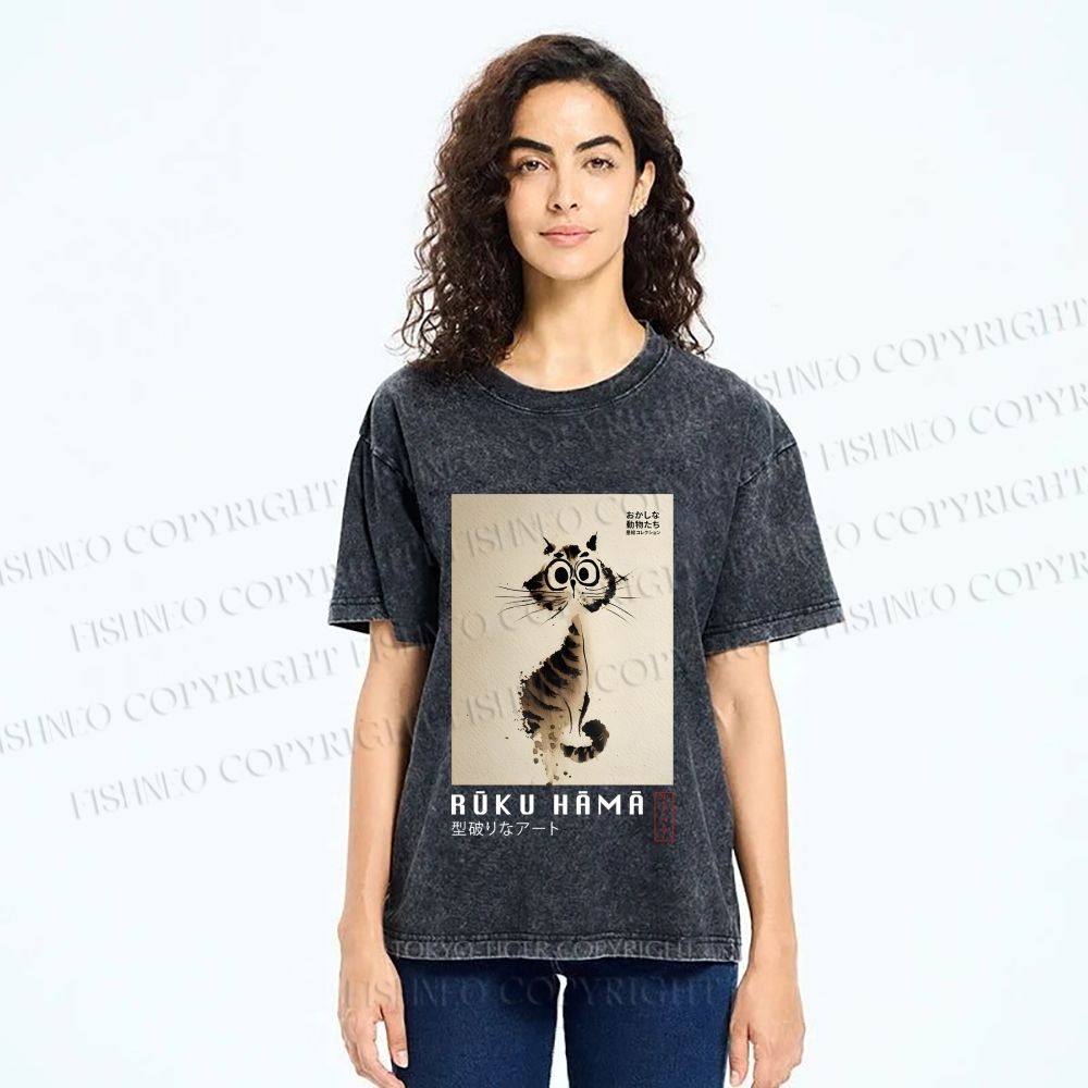 Unisex Sumi-e Cat Printed Washed Tee