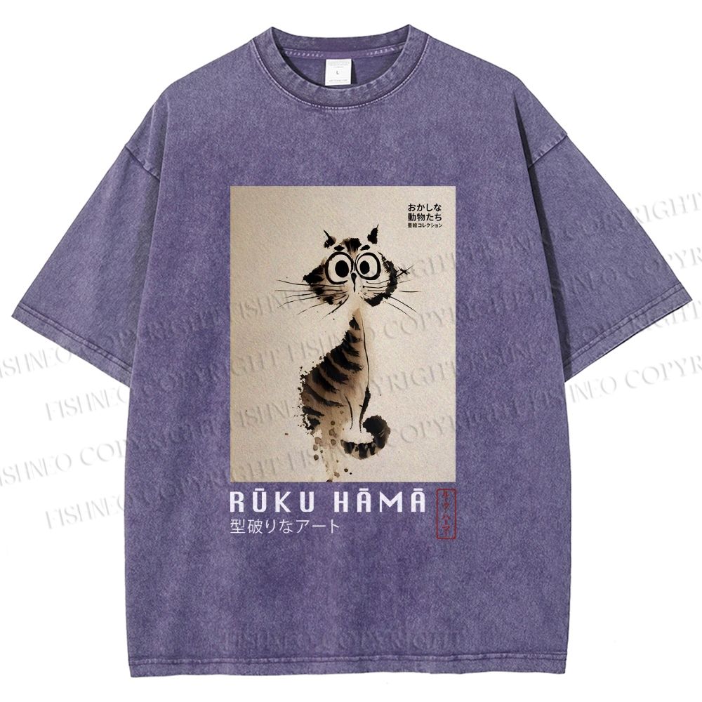 Unisex Sumi-e Cat Printed Washed Tee