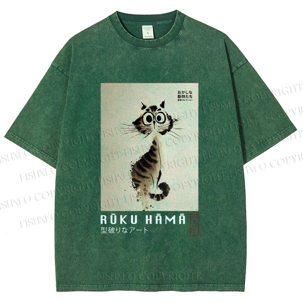 Unisex Sumi-e Cat Printed Washed Tee