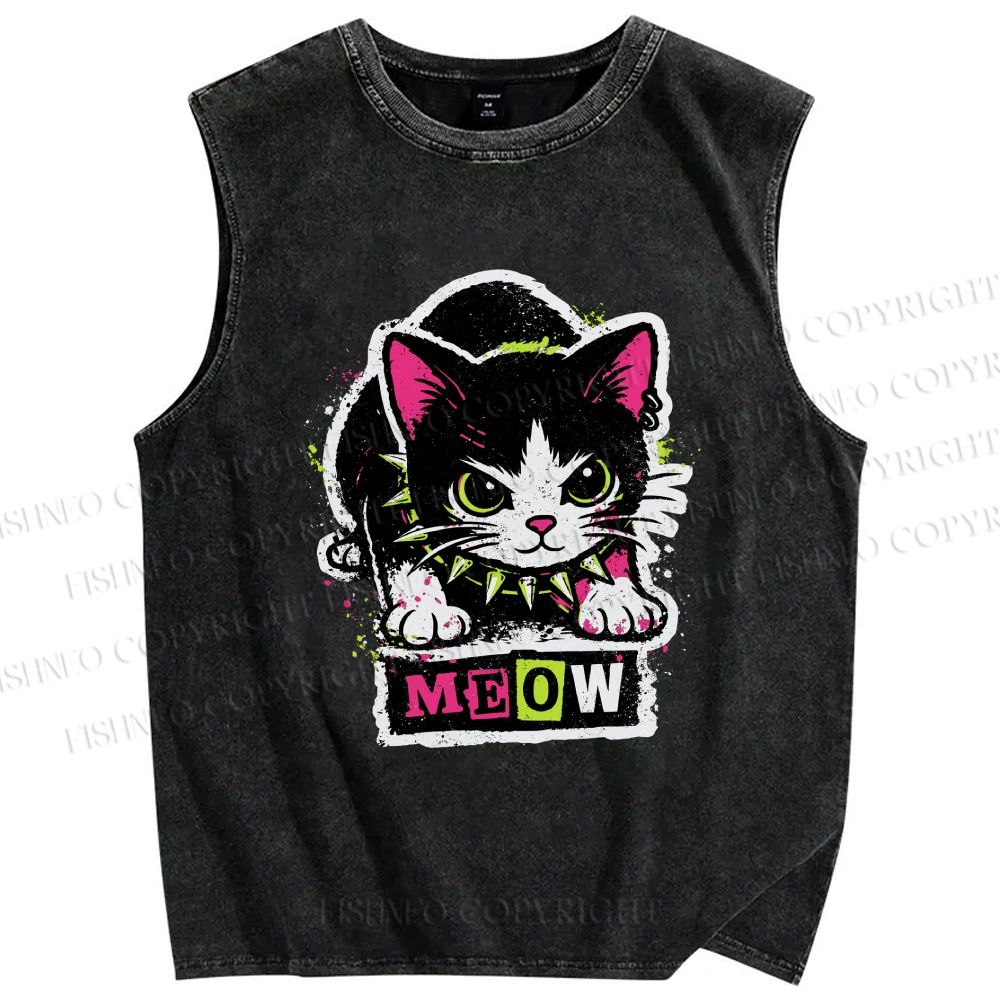 Unisex Cat Printed Washed Tank Top