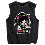 Unisex Cat Printed Washed Tank Top