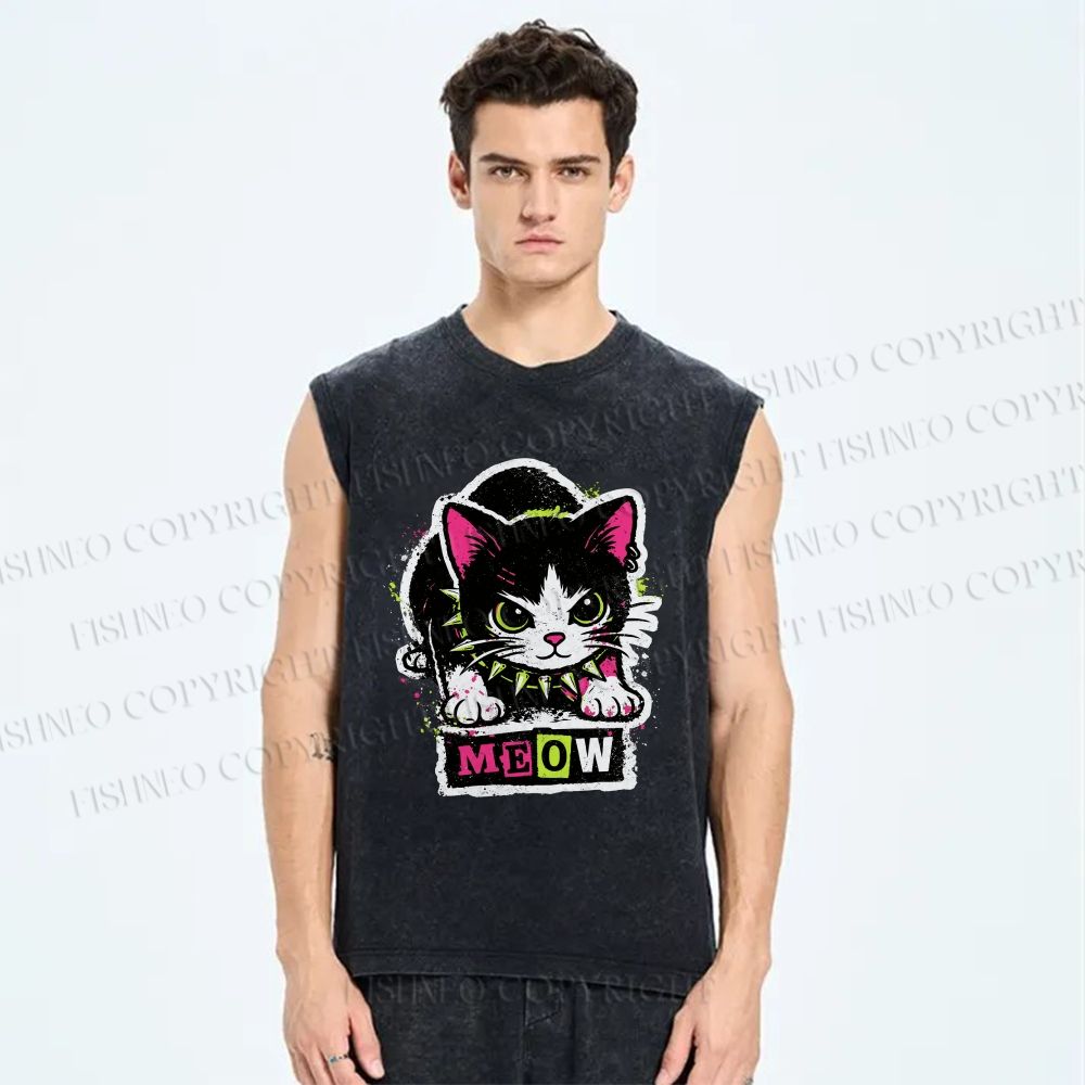 Unisex Cat Printed Washed Tank Top