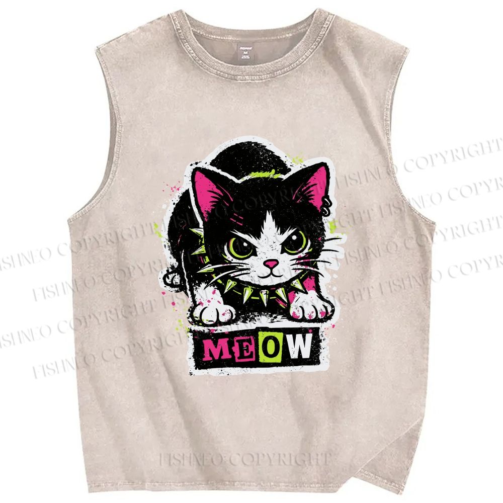 Unisex Cat Printed Washed Tank Top