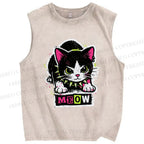 Unisex Cat Printed Washed Tank Top