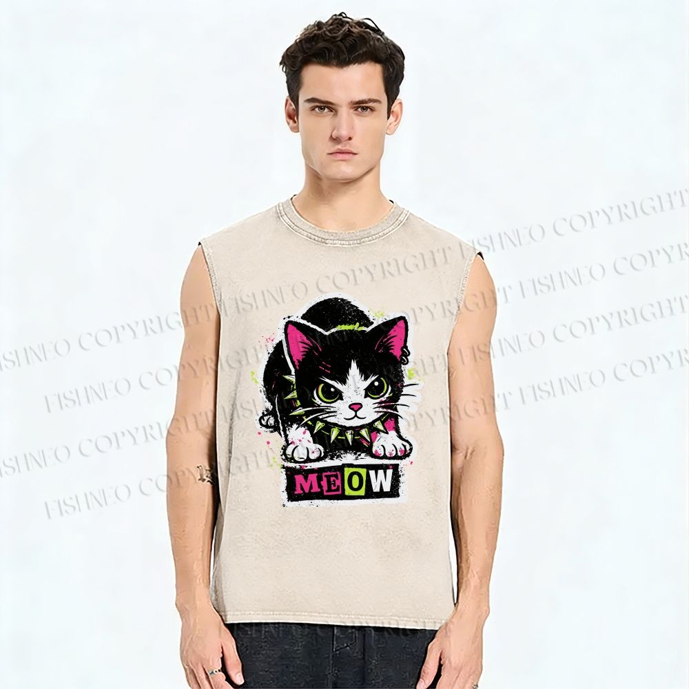 Unisex Cat Printed Washed Tank Top
