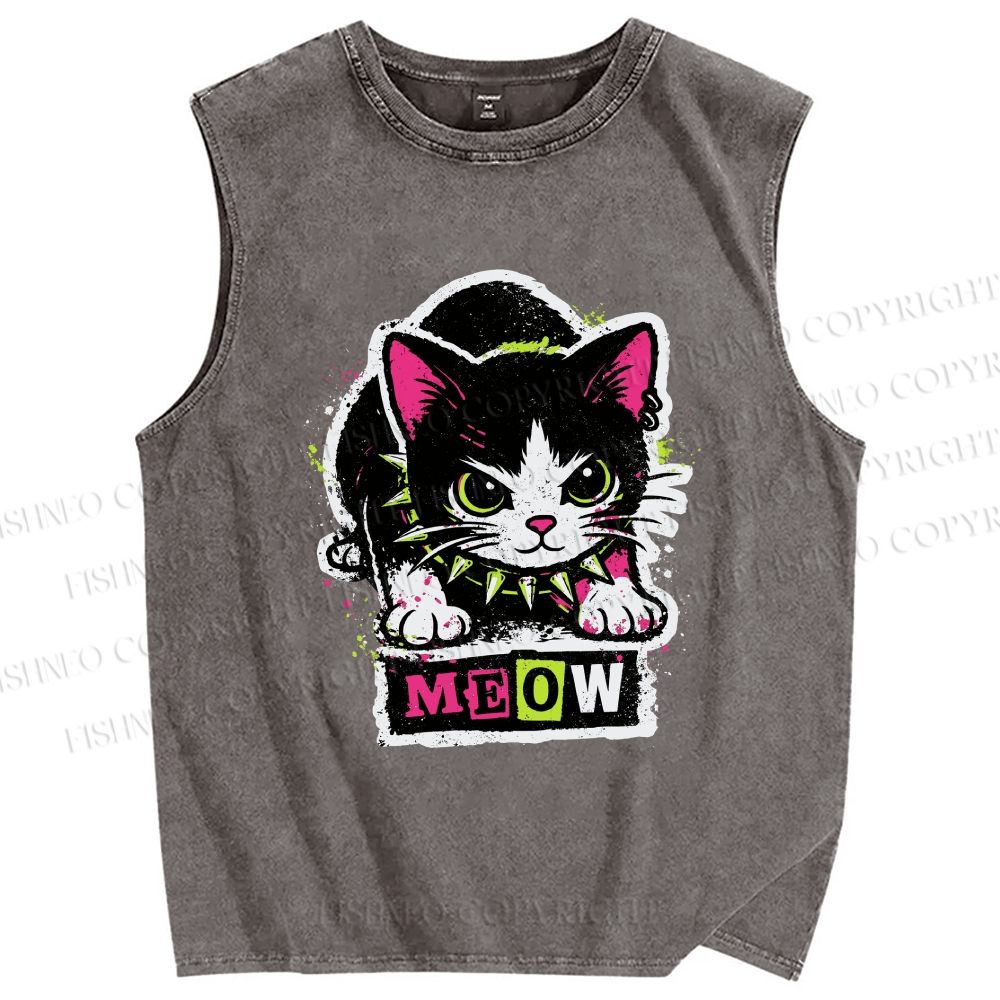 Unisex Cat Printed Washed Tank Top