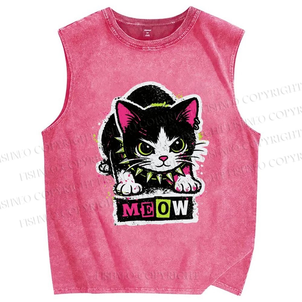Unisex Cat Printed Washed Tank Top