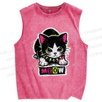 Unisex Cat Printed Washed Tank Top
