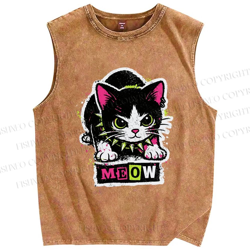 Unisex Cat Printed Washed Tank Top