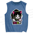 Unisex Cat Printed Washed Tank Top