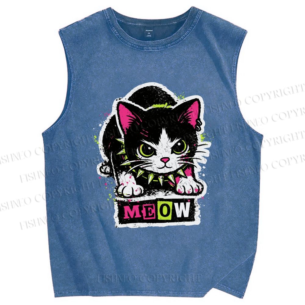 Unisex Cat Printed Washed Tank Top