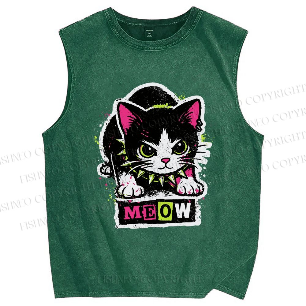 Unisex Cat Printed Washed Tank Top