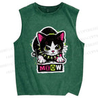 Unisex Cat Printed Washed Tank Top
