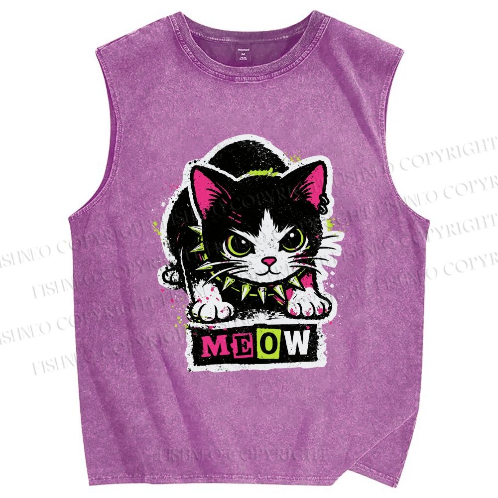 Unisex Cat Printed Washed Tank Top