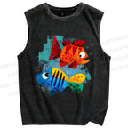 Unisex Fish Printed Washed Tank Top