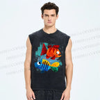 Unisex Fish Printed Washed Tank Top