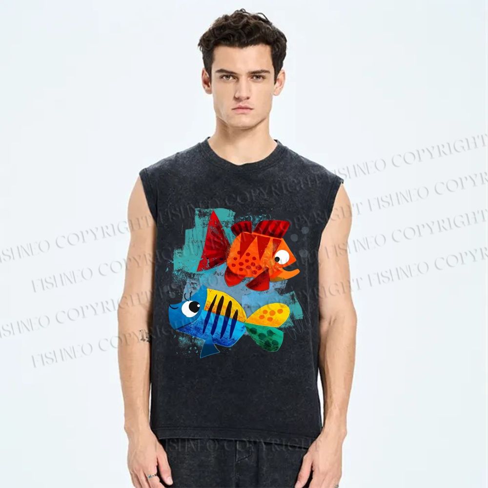 Unisex Fish Printed Washed Tank Top