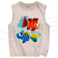 Unisex Fish Printed Washed Tank Top