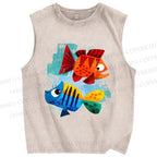 Unisex Fish Printed Washed Tank Top