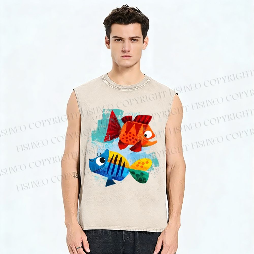 Unisex Fish Printed Washed Tank Top