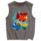 Unisex Fish Printed Washed Tank Top