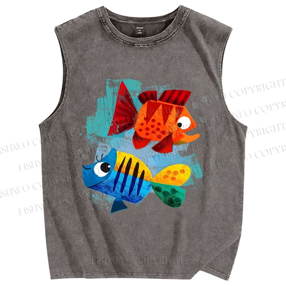 Unisex Fish Printed Washed Tank Top